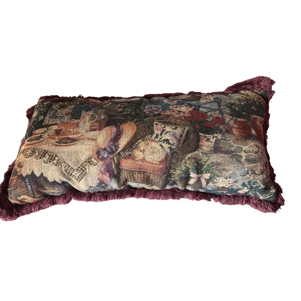 Vintage Woven Tapestry Garden Tea Party Throw Pillow Fringe Trim Made in USA